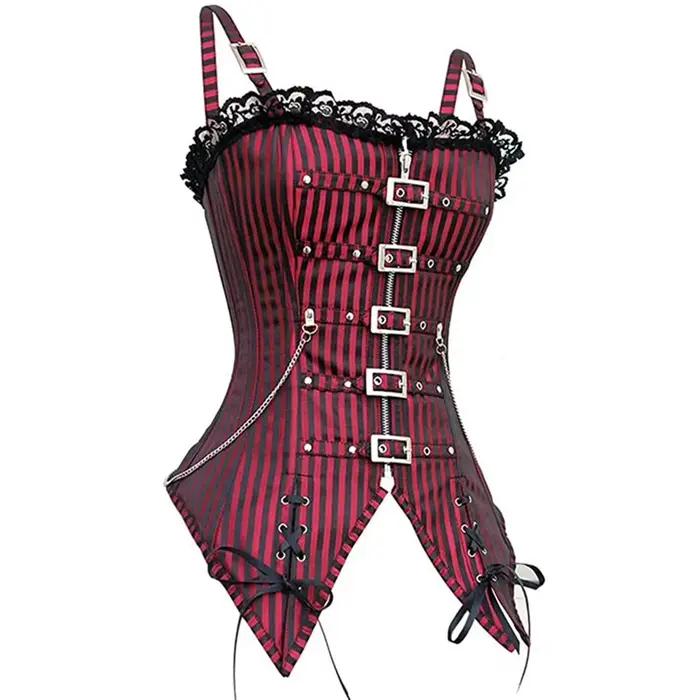 Camisole corset sexy en dentelle pour femmes, coupe basse, fermeture éclair, style punk rock, cosplay, vêtements gothiques, corps saillant, amincissant, haut rayé rouge