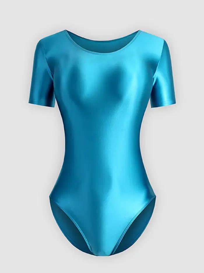 Combinaison pour femme, brillante, couleur unie, t-shirt, maillot de bain, vêtements de sport, justaucorps, collants en satin sexy