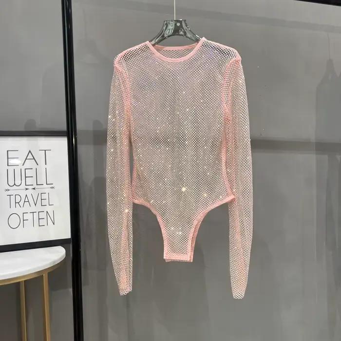 Combinaison en résille à paillettes brillantes, Sexy, transparente, à la mode, pour dames, boîte de nuit, fête, Fiber de Polyester, manches longues, haute élasticité