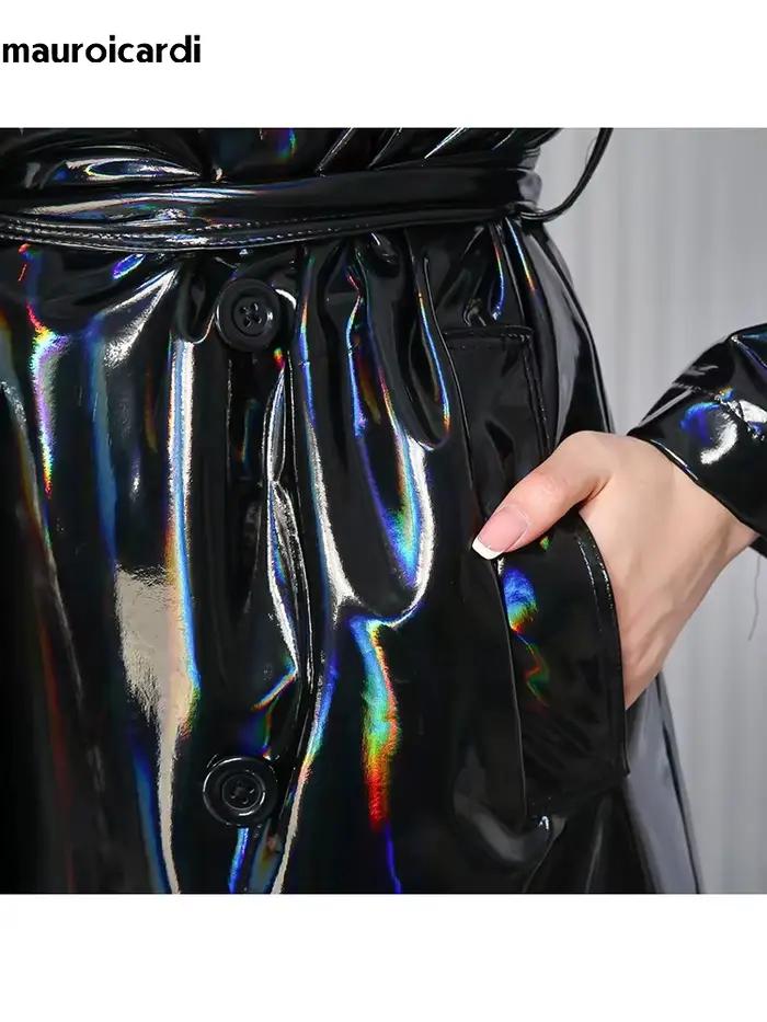 Mauroicardi jarný mäkký tenký splývavý lesklý reflexný holografický čierny PVC imitácia kože Trenčkot pre ženy
