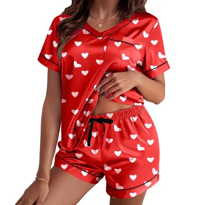 Léon's Day-Pyjama en satin imprimé cœur pour femme, ensemble de vêtements de détente, manches courtes, short en Y, vêtements de détente 2 pièces