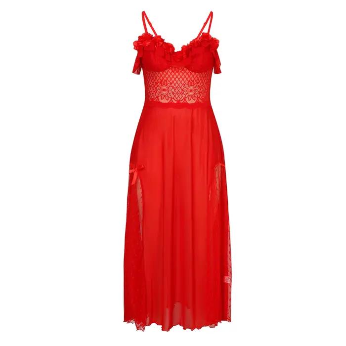 PerconsiderLace-Robe de lingerie en dentelle pour femme, fente haute, longue, maxi, sans couture, transparente, chemise de nuit séduisante, ensemble de pyjamas