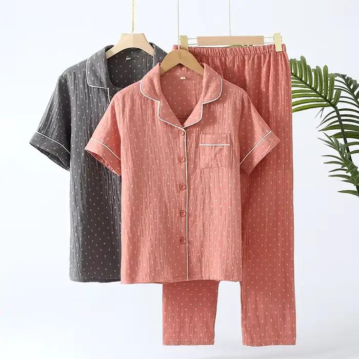 Ensemble pyjama en gaze 100% coton doux pour femmes, vêtements de nuit d'été respirants à pois, 2 pièces, vêtements de maison confortables