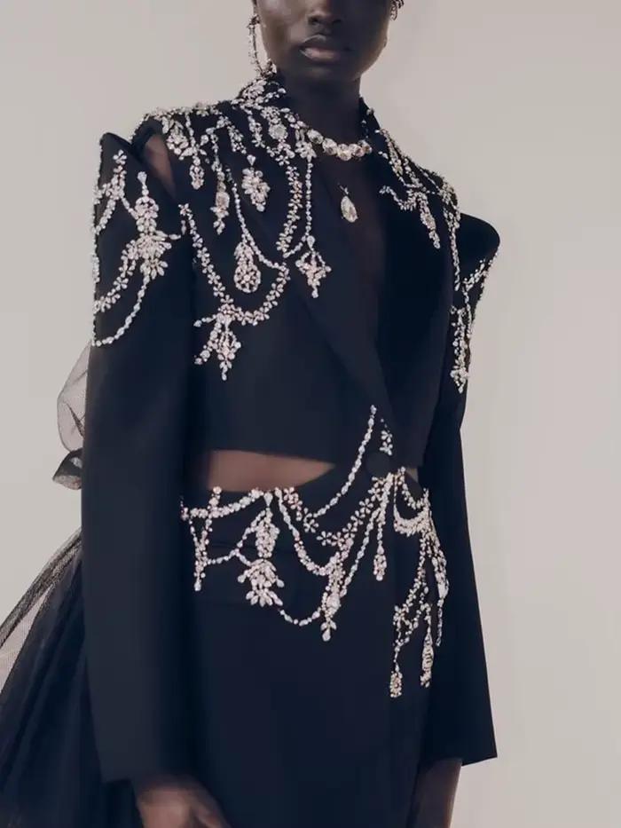 TWOTWINSTYLE Dierový patchwork diamantový blazer pre ženy s výstrihom