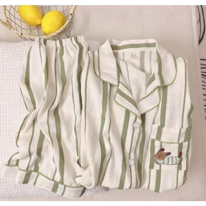 Ensemble de pyjama pour femmes avec broderie de chien teckel et imprimé à rayures, style Harajuku, ensemble de vêtements de nuit doux et mignon, pyjama à manches courtes pour femmes, été