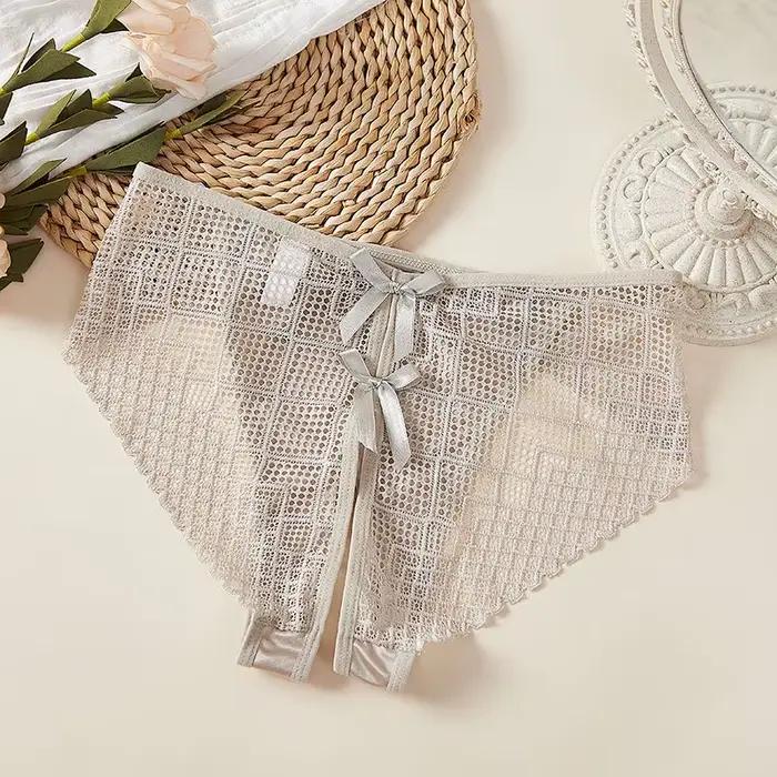 Sous-vêtements Sexy à entrejambe ouvert pour femmes, culotte taille basse, haute élasticité, nœud ajouré, grille, pas besoin de enlever, Breifs fins et doux