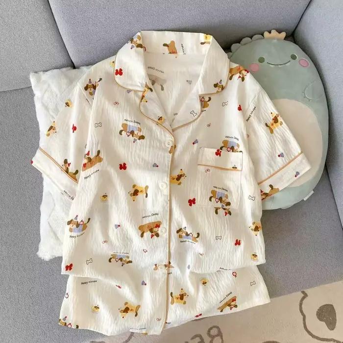 Pyjama d'été pour femme, style fin avec motif chiot, short à manches courtes, doux et mignon, peut être porté à l'extérieur en été, ensemble de vêtements de maison, ensemble deux pièces