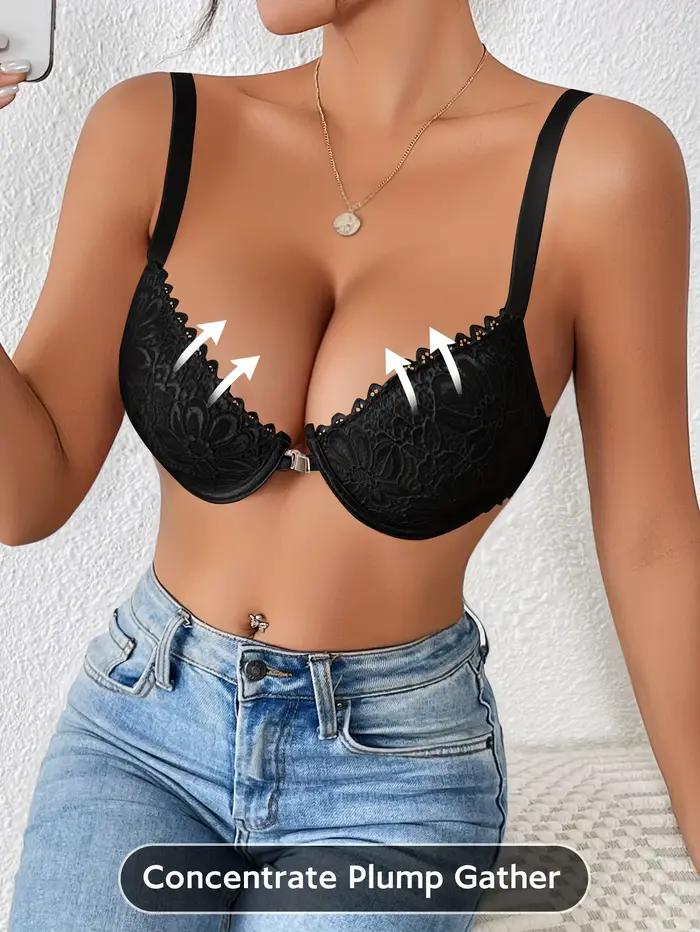 Soutien-gorge push-up en dentelle élégant pour femmes, coussinets non amovibles sans couture, soutien respirant, ajustement confortable avec fermeture frontale, détails en dentelle