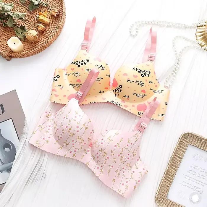 Soutien-gorge push-up à imprimé floral rétro pour petite poitrine, optique, tasse de moule, sans anneau en acier, soutien-gorge de synchronisation sans fil, étudiant, doux, sans couture, filles