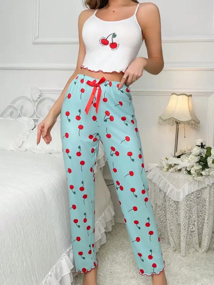 Y2K Coquette cerise imprimé pyjama ensemble femmes Cami haut court pantalon deux pièces vêtements de nuit vêtements de détente été printemps automne tenues