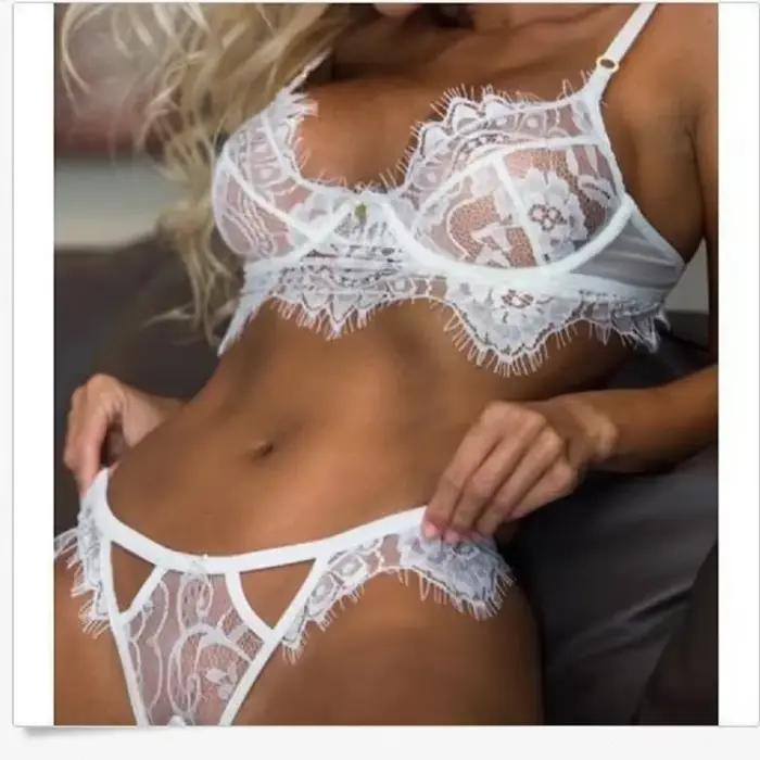 Ensemble de Lingerie Sexy en dentelle transparente, sous-vêtements Ultra-fins pour femmes, ensemble soutien-gorge et culotte, string en dentelle transparente, intimes ouverts