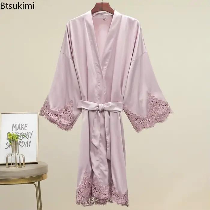 Peignoirs pour femmes, pyjama, couleur unie, dentelle, robes de mariée, demoiselles d'honneur, robes Kimono, amples, en Satin de soie, vêtements de maison