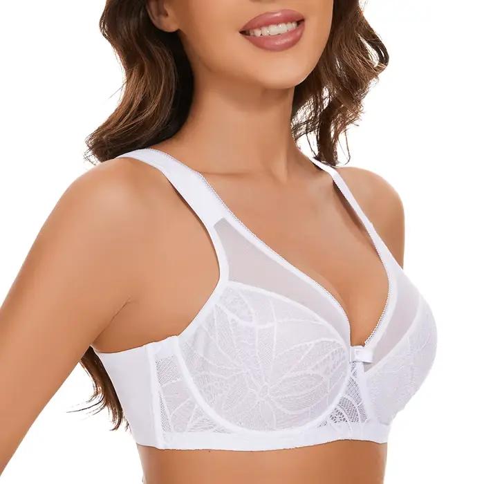 Soutien-gorge en dentelle polyester et nylon avec armatures pour femmes, conception minimisatrice, tasse pleine et bretelles réglables pour toutes les occasions