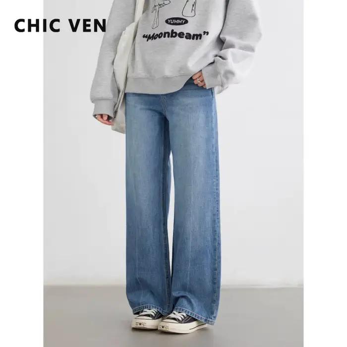CHIC VEN dámske džínsy modré voľné ležérne pevné nové retro bavlna široké nohavice Denim