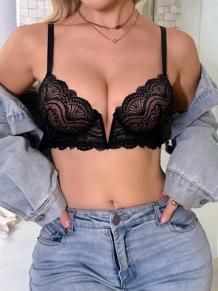 Soutien-gorge sexy pour femme à décolleté plongeant en dentelle, push-up, avec armatures, bretelles réglables, lingerie confortable pour femme