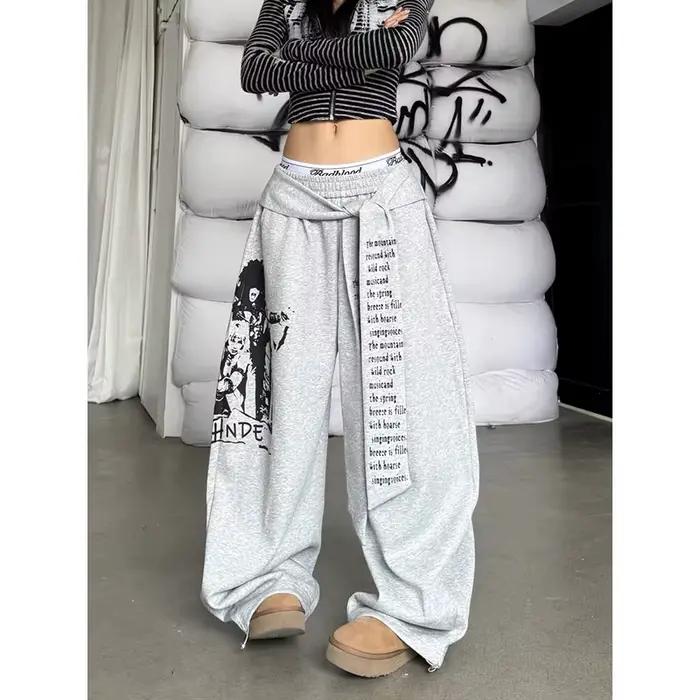 ZHIZOU dámske sivé gotické Baggy Y2k písmená potlač nohavice Harajuku 2000s Vintage oversized