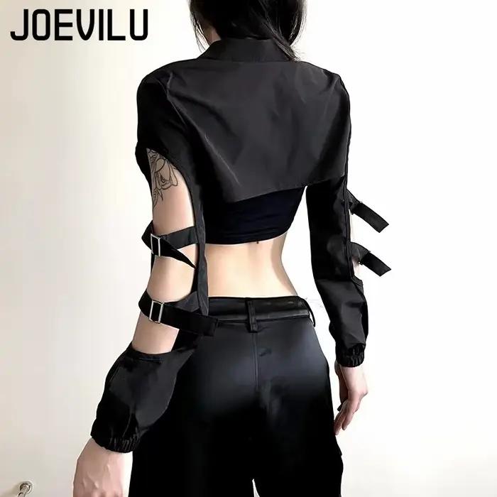 JOEVILU Dámske Cyberpunk Goth Harajuku Úroda Dlhé Rukávy Vystrihnuté Zips Tričko Y2K Grunge Streetwear