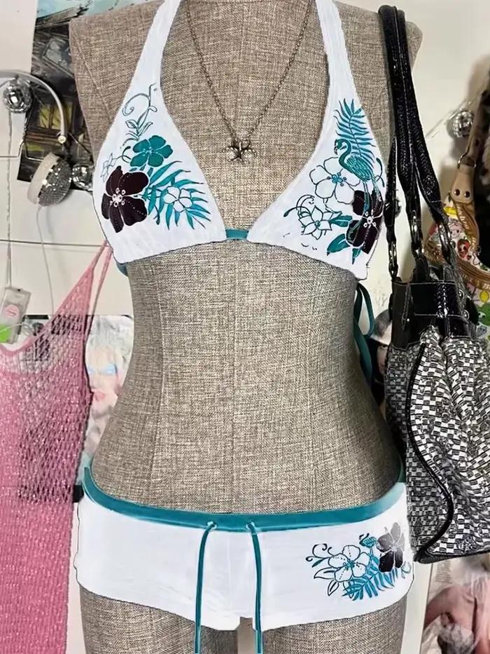 Vintage kvetinový potlač Cutie bikini set 2000s plavky Sexy ženy plavková móda lodičkové