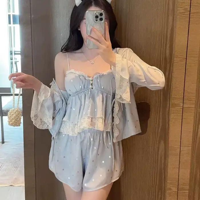 Robe d'été pyjama quatre pièces costume Sexy dentelle jarretelle chemise de nuit Lingerie soyeux Satin femmes vêtements de nuit Pijamas costume vêtements de détente