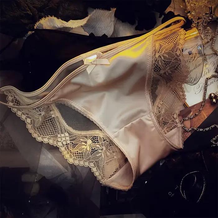 Hedvábné dievčatá Saténové nohavičky tenké slipy remienok čipka mašľa Sexy Lingerie spodná bielizeň pre ženy sieťovaná