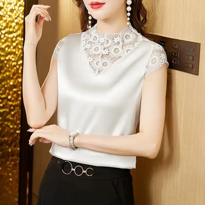 Blouse en soie et polyester patchwork élégante pour femme avec col roulé et dentelle pour occasions spéciales