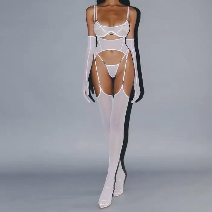 Zmyselný a sexy 5-dielny dámsky set z priesvitnej sieťoviny