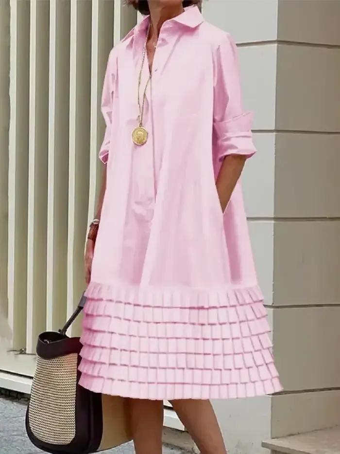 Robe ample polyester élasthanne manches longues col rabattu plissée occasion spéciale printemps été femmes style urbain décontracté