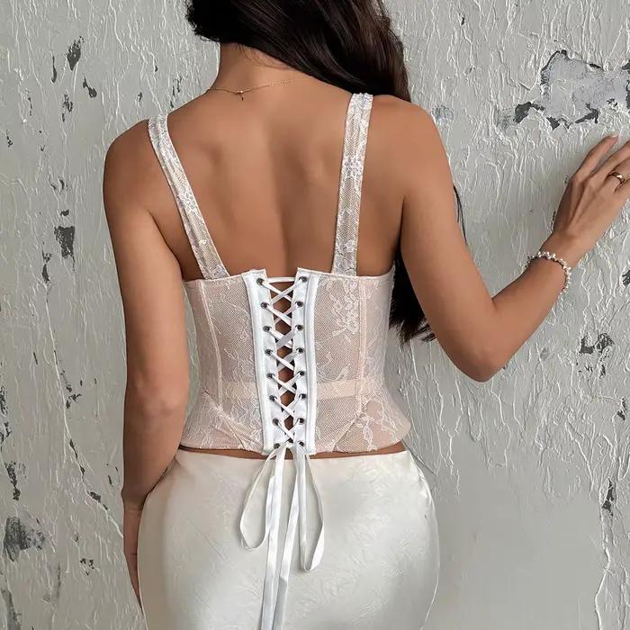 Haut corset en dentelle avec armatures en acier et dos croisé à lacets, body en maille pour femme, bustier sexy, crop top, cincher de taille sous la poitrine