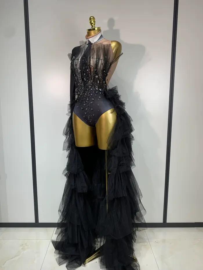 2025 nouveau body noir Perspective femmes Sexy chanteur danse scène Performance Costume soirée anniversaire Photo Shoot tenue