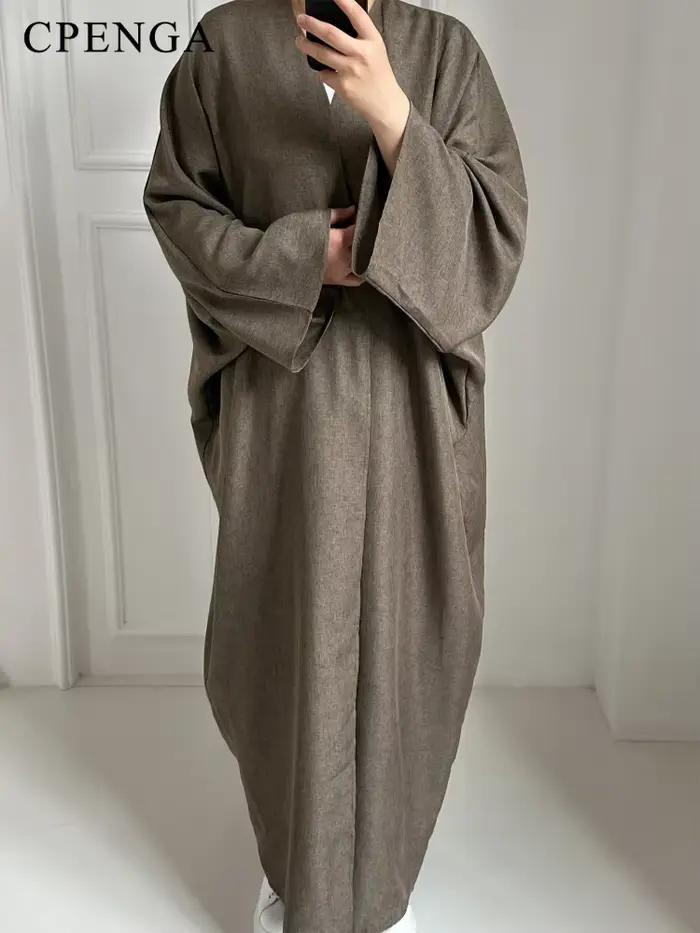 Eid Ramadán otvorená Abaya pre ženy hladká dubajská ležérna bavlna ľan skromná