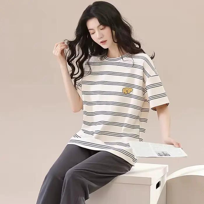Ensemble pyjama pour femmes, manches courtes, pantalons longs, étudiant, décontracté, ours de dessin animé, doux Cuet, vêtements de nuit, vêtements de nuit romantiques