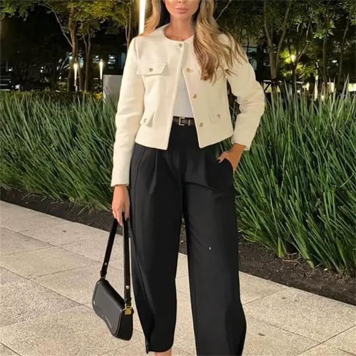 MUJER Tvídová krátka bunda pre ženy s dlhými rukávmi Vintage dámska módna elegantná