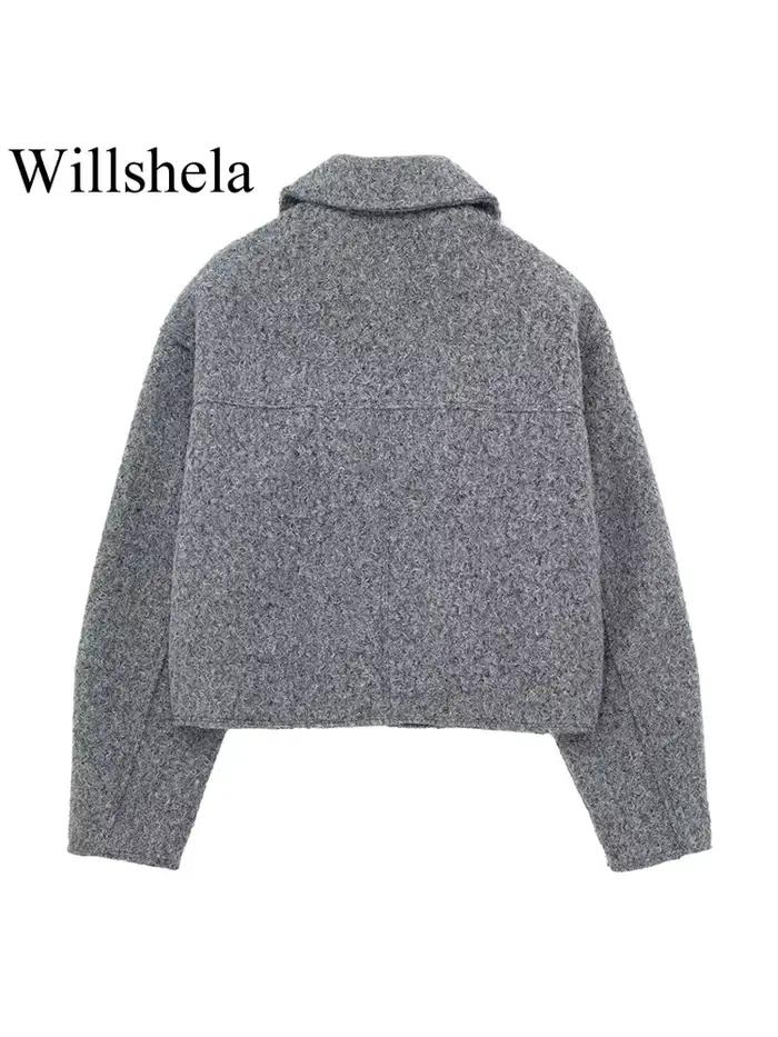 Willshela dámska módna bunda so sivými prednými vreckami na zips Vintage golier dlhé rukávy žena Štýlové oblečenie