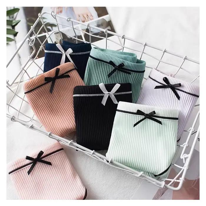 Culotte en coton pour femme Sexy mode slips couleur unie culotte fille nœud sous-vêtements Lingerie livraison directe 3 pièces/ensemble
