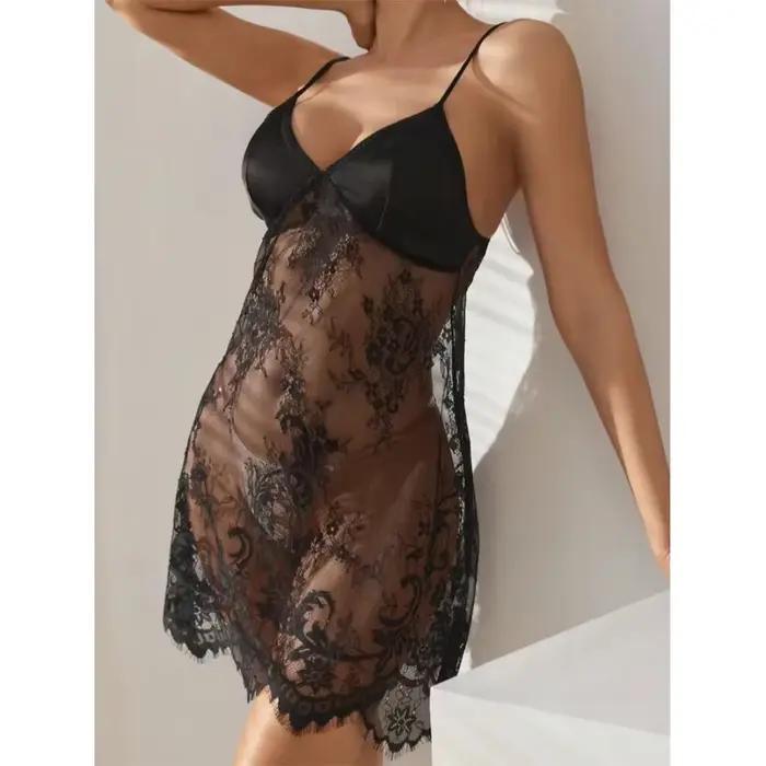 Ensemble chemise de nuit Sexy en dentelle transparente, avec bretelles amples, jupe Midi, respirant, soie de lait, Polyester, Ultra-fin, col en v, sans manches