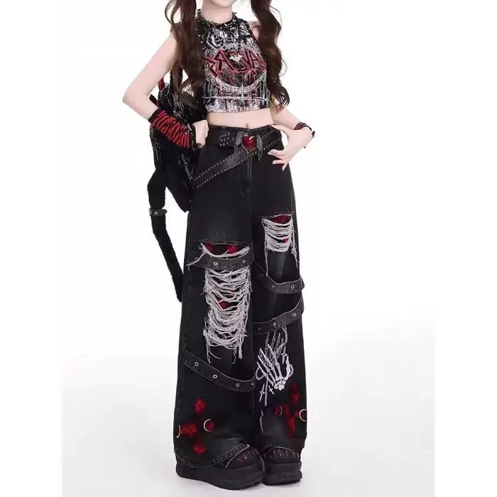 Americký štýl pikantné dievča voľné lenivé a uvoľnené džínsy žena punk retro prané módne všestranné nohavice