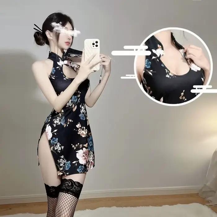 Lingerie Cheongsam de style chinois, ensemble uniforme imprimé moulant sans manches avec fente, découpes sensuelles et séduisantes pour femme