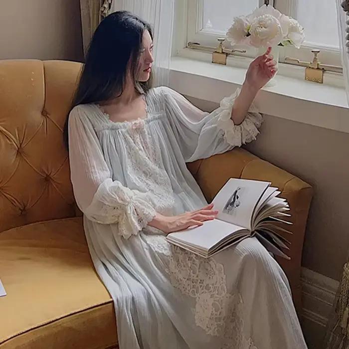 Chemise de nuit brodée en dentelle douce, chemise de nuit en coton, chemise de nuit sexy, col carré français, manches longues, princesse vintage, longue