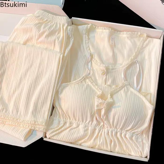Pyjama haut de gamme en coton pour femmes, ensemble quatre pièces, manches longues, coussin de poitrine, pantalon à bretelles, vêtements de nuit, nouvelle collection printemps-automne