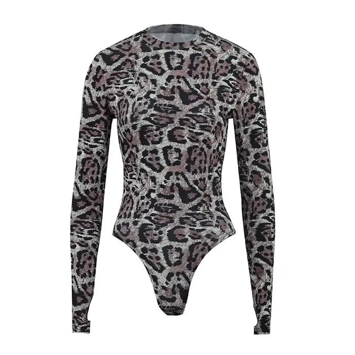 Body léopard Sexy pour femmes, coupe cintrée, décontracté, col montant, manches longues, combinaison une pièce rétro Y2k, Streetwear féminin