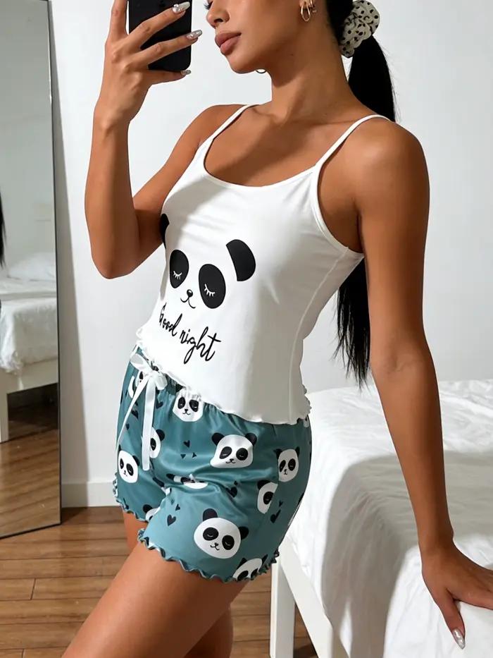 Pyjama femme col rond, débardeur à fines bretelles sans manches, short à volants, ensemble 2 pièces, imprimé panda mignon, printemps été automne, taille S