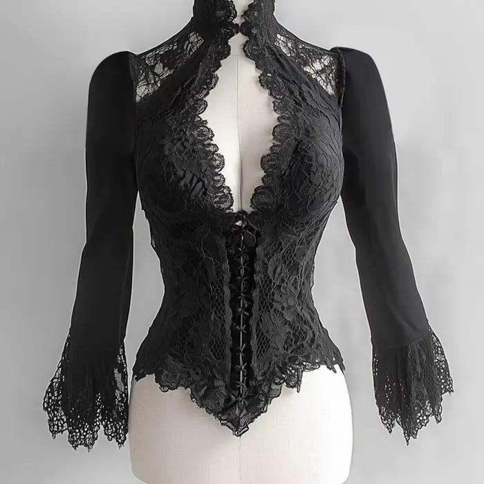 Chemisier Corset français noir pour femmes, coupe cintrée, élégant, dentelle transparente, col montant, manches évasées découpées, chemise féminine