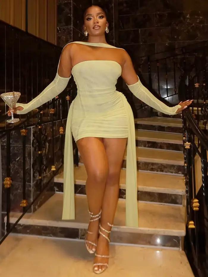 Nibber Vacances Sexy Voir À Travers Robe + Châle Femmes Ruché Côté Ruban Coquette Skinny Minuit Clubwear D'été Partie Moulante