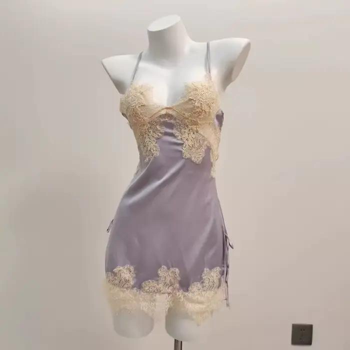 Sexy pyžamo pre ženy, nočná bielizeň z ľadového hodvábu a čipky