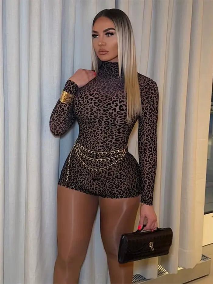 Sisterlinda jar oslobodenie Junior móda Sexy high street kombinézy K25Q73871 dievča leopard priliehavé body s vysokým golierom