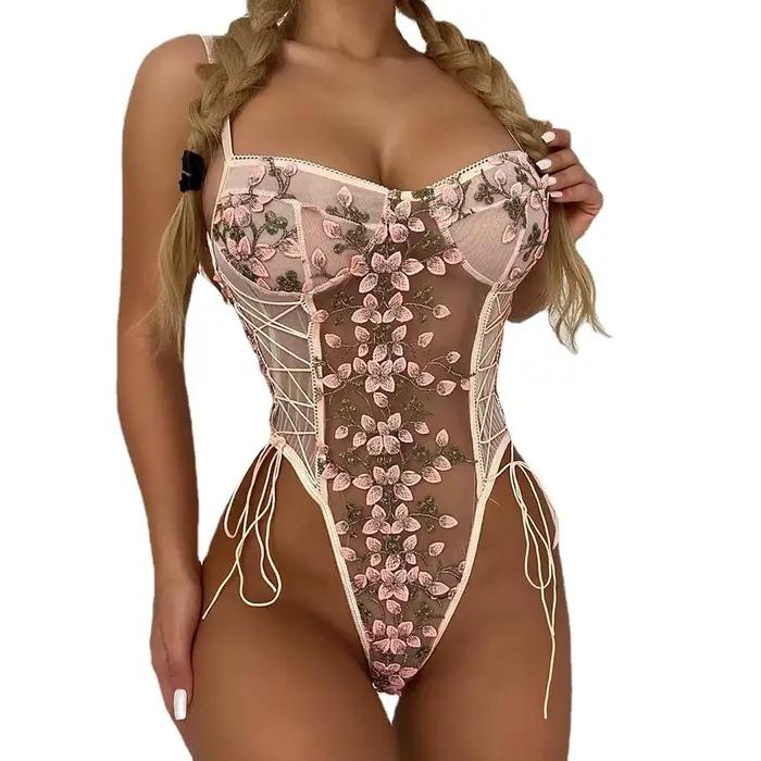 Lingerie sexy pour femmes, combinaison à lacets avec broderie florale, body moulant sans manches, combinaison transparente en maille