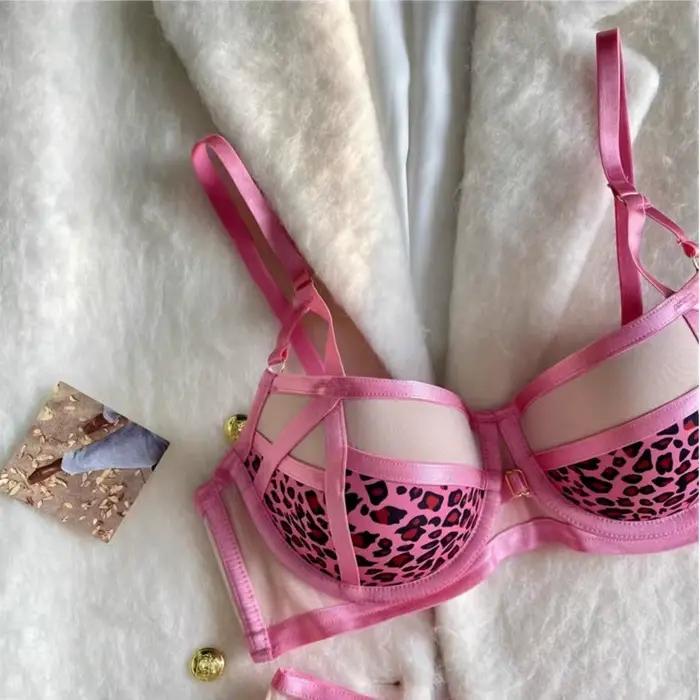 Ensemble de Lingerie léopard Sexy, ceinture fine creuse rassemblée pour collecter les seins, soutien-gorge sur le bas fin, ensemble de soutien-gorge avec anneau en acier doux et épais