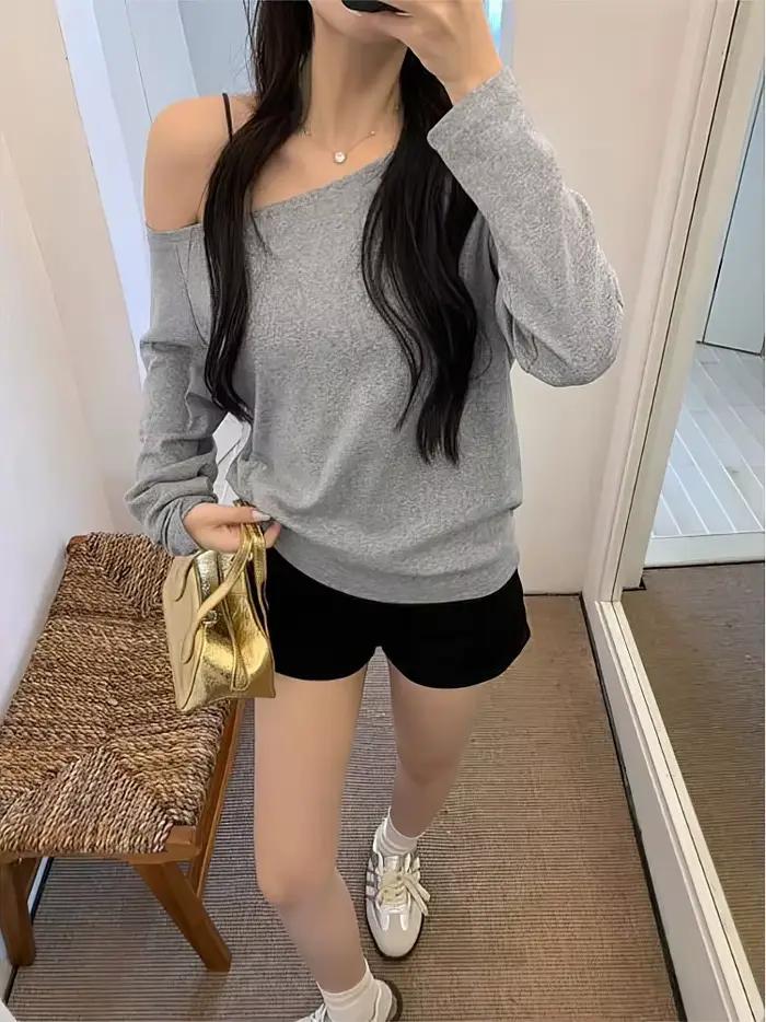 Tielko s dlhými rukávmi mimo ramena pre ženy jar jeseň voľné sexy jednoramenné top dámske ležérne základné