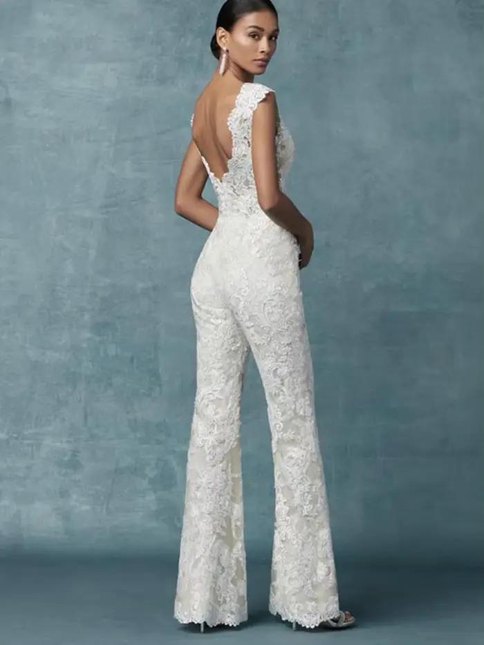 Combinaison dos nu avec poignées pour femmes, robes de mariée, train amovible, pantalon de mariée, dentelle trempée, appliques en fibre, tenues de mariée, 2023