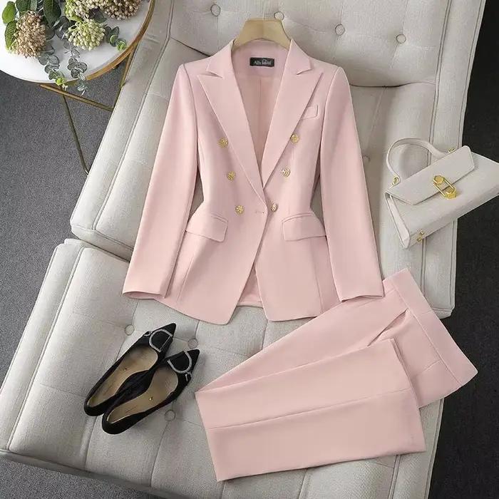 Dvojdielny kórejský módny set: Saká so sťahovacím golierom a úzke nohavice s dlhými rukávmi pre ženy – Elegantný kancelársky outfit
